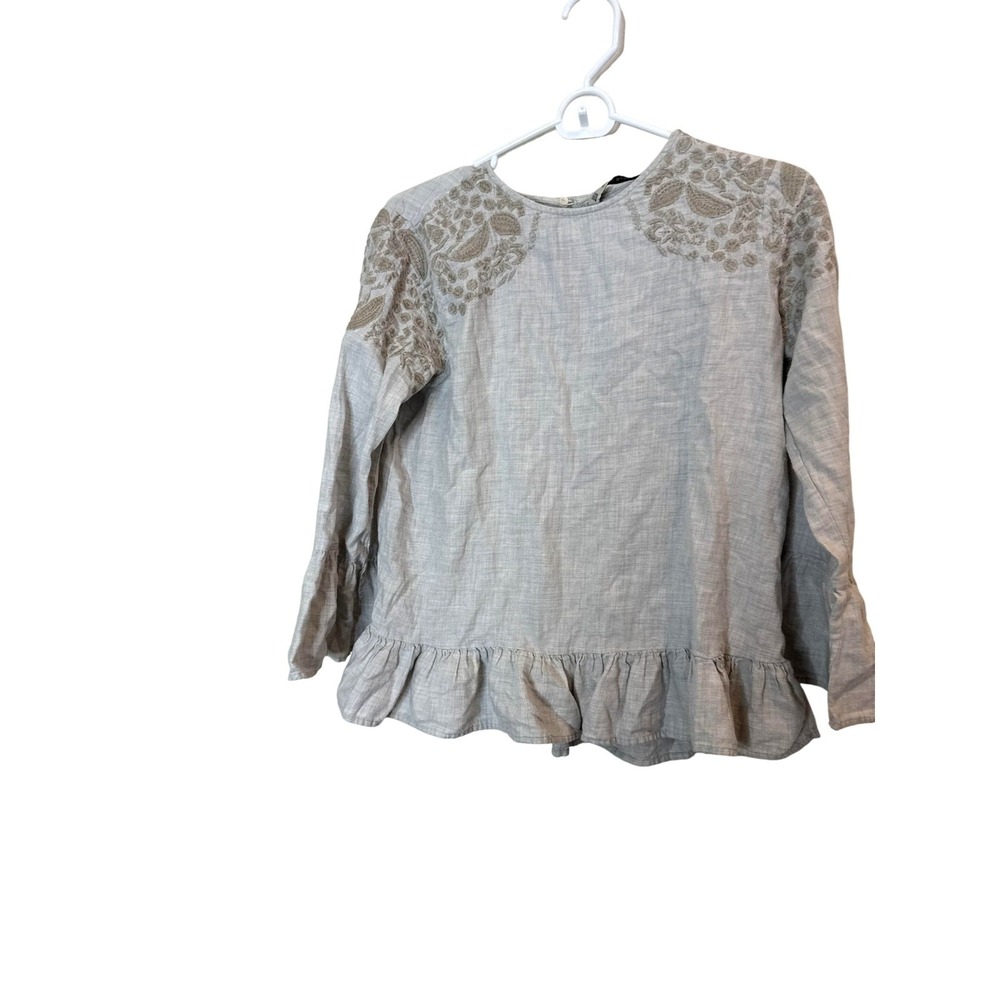 Zara Basic Blouse Womens Medium Beige Embroidered Ruffle Long Sleeve Top Boho